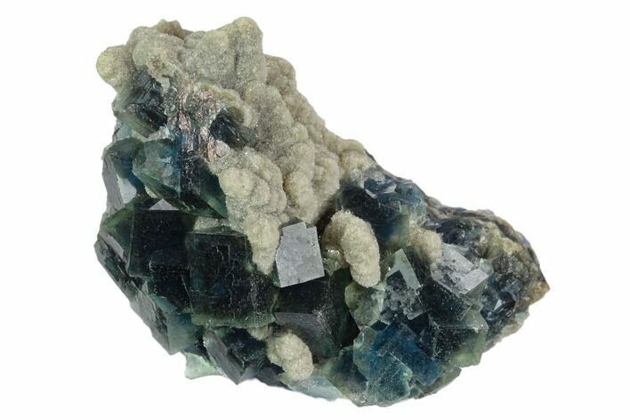 Cubic, Blue-Green Fluorite Crystals on Druzy Quartz - China #128787